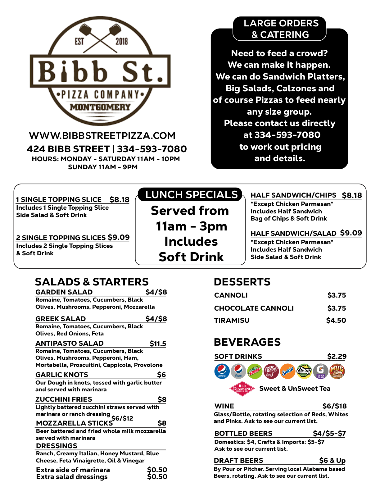 Bibb St Pizza Menu