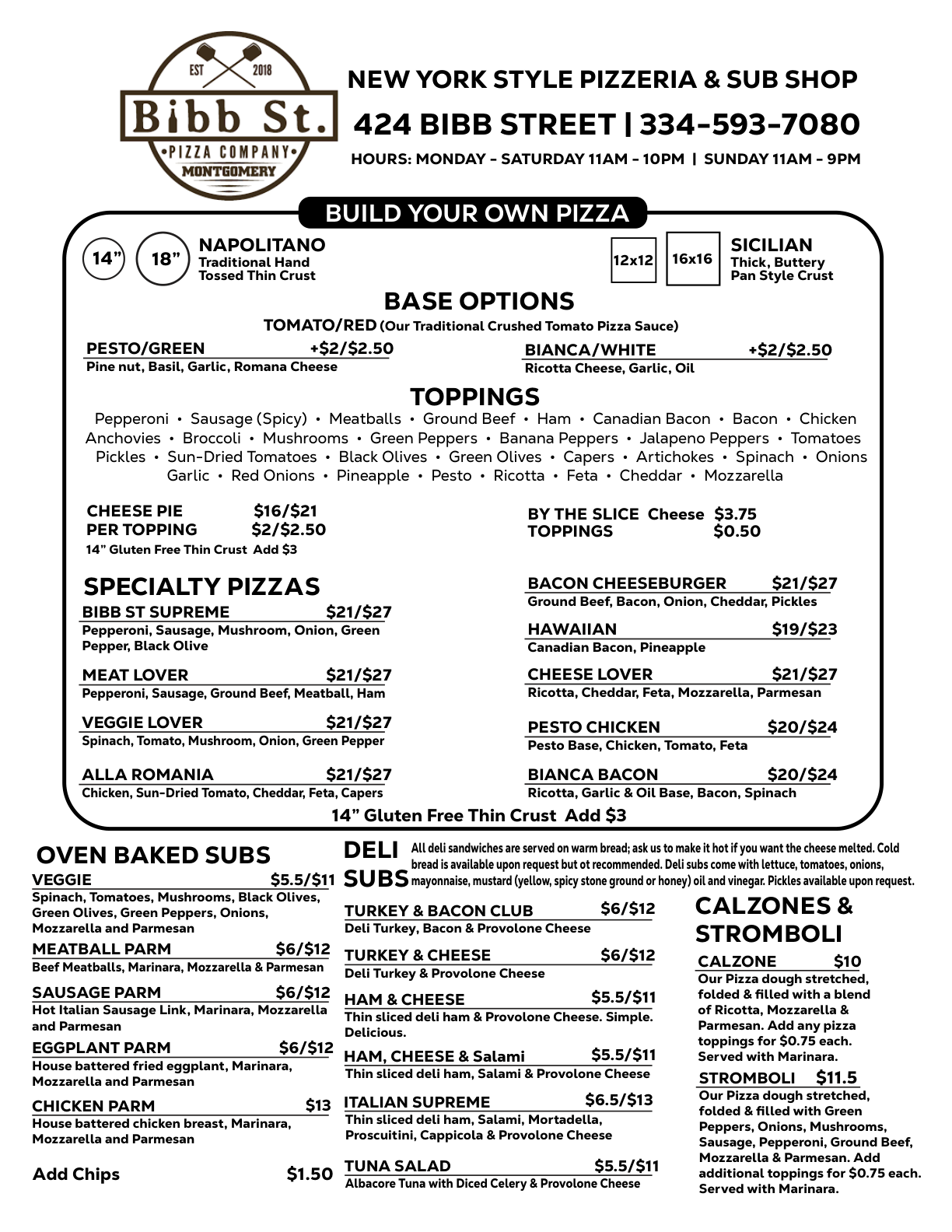 Bibb St Pizza Menu